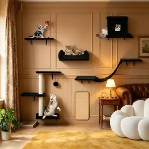 6-in-1 Wall Mounted Cat Furniture Set, Multi-Functional Wall Cat Shelves with Cat Condo, Rest Bed, Connecting Bridge, Climbing Tree, Stairs and Scratching Board, Custom DIY Indoor Wall Play Area for Cats (Black)