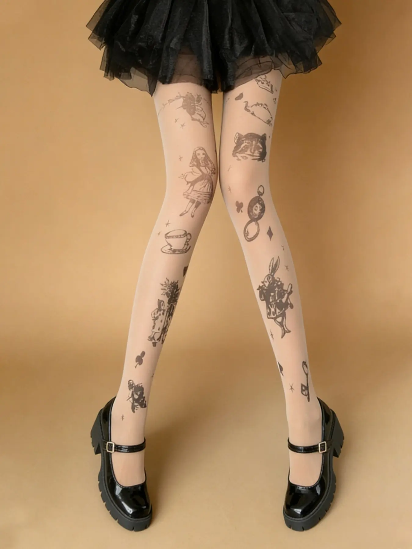 Women's Peach Color Stockings, Tattoo Style Print, Soft and Lightweight, All-Day Comfort, Versatile Fashion, Elegant Transparency