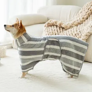 Fast Drying Dog Bathrobe, 1-Piece Striped Microfiber Fleece Pet Dressing Gown with Adjustable Band, Super Absorbent, Cute Fits, Super-Soft Fabric