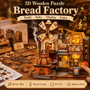 CUTEBEE 3D Wooden Bread Factory DIY Construction Puzzle - ASMR Mechanical Kit with Lights & Music, Whimsical Home Decor, Satisfying Craft Gift for Hobbyists