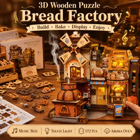 CUTEBEE 3D Wooden Bread Factory Interlocking Puzzle - Handmade Puzzle, DIY Construction Toy, Wood Projects, STEM Fun, Lights On, Wooden Factory Art, Whimsical Decor, Satisfying Craft Gift, Open Ended Pretend Play