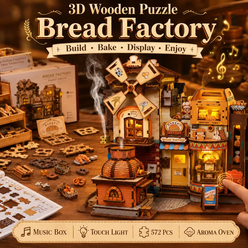 CUTEBEE 3D Wooden Bread Factory Interlocking Puzzle - Handmade Puzzle, DIY Construction Toy, Wood Projects, STEM Fun, Lights On, Wooden Factory Art, Whimsical Decor, Satisfying Craft Gift, Open Ended Pretend Play