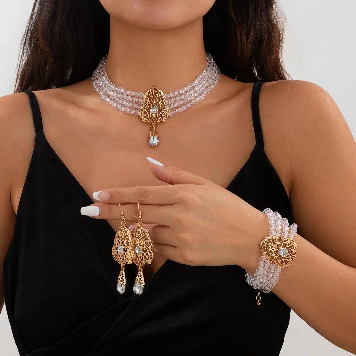 3-Piece Crystal Beaded Jewelry Set: Multilayer Choker Necklace, Bracelet & Earrings for Wedding, Prom, and Party Glam