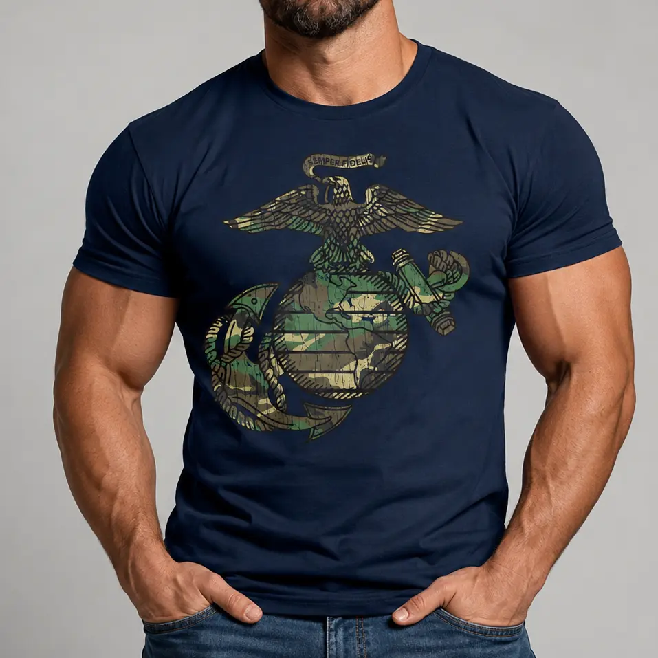 Woodland Camo EGA T-Shirt, USMC Military Graphic Tee, Marine Veteran Shirt, Patriotic Unisex Made in USA Apparel