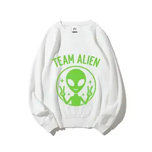Team Alien" Green Cartoon Extraterrestrial Peace Sign Crewneck Sweatshirt | Vintage UFO & Space Graphic Pullover for Men and Women | Soft Unisex Retro Streetwear Top | Unique Sci-Fi Fan Apparel Gift