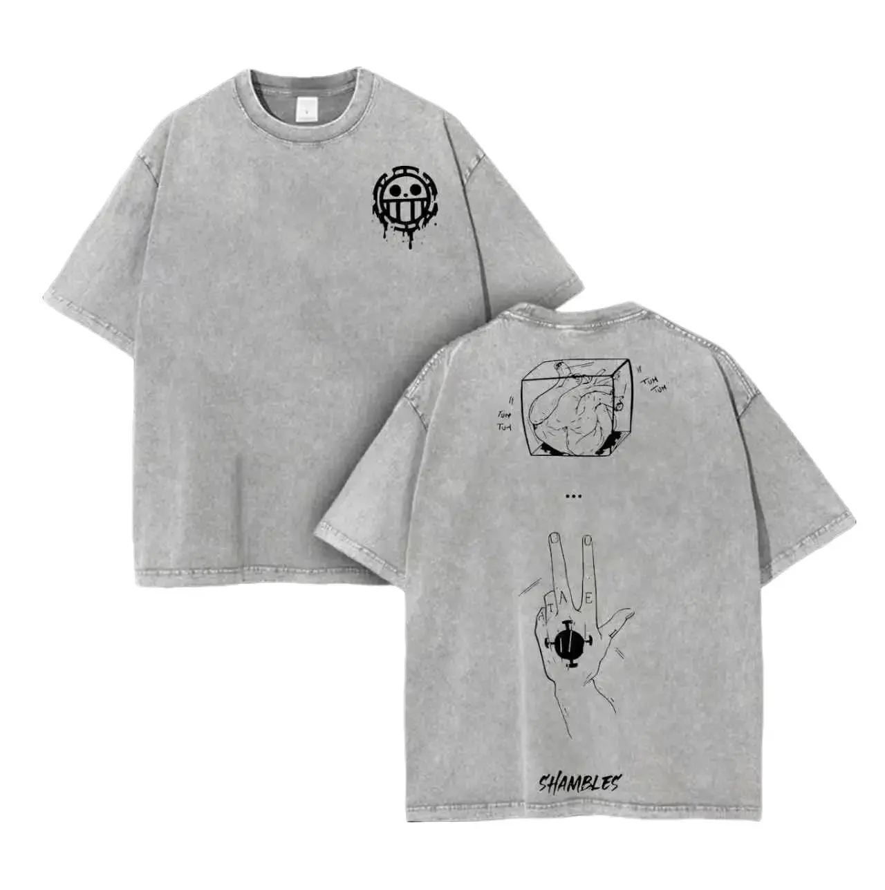 Men's Vintage Acid-Wash Oversized Cotton Crewneck T-Shirt - Dual-Sided Dark Anime Graphic, Chest Emblem, Back Hand-Heart Print, Retro Y2K Streetwear Casual Top