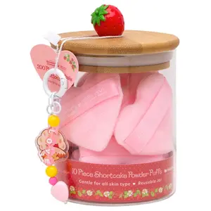 Shortcake Powder Puffs 10 Pieces in Glass Jar with Lid, Pink Color, and Heart Design, Reusable for All Skin Types