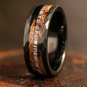 Burnt Whiskey Barrel Ring and Antlers, Wedding Ring Jewelry, for Men Daily Wear, Party Holiday Gift
