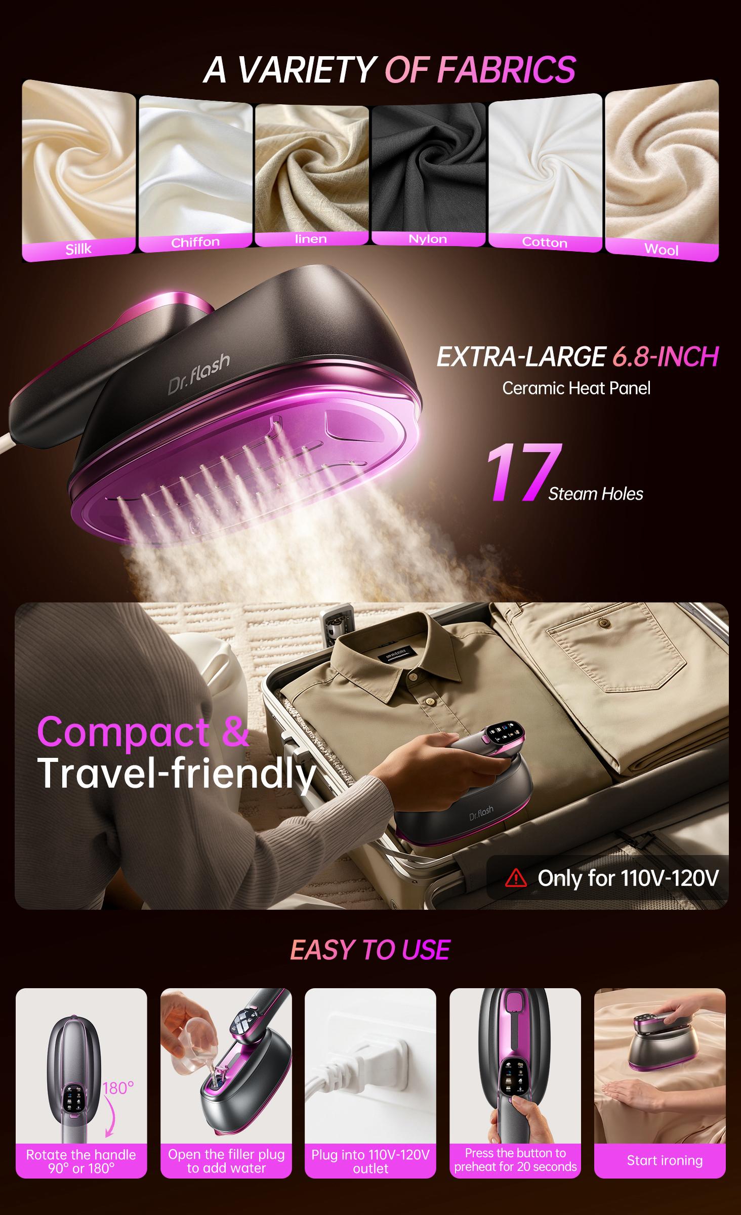Dr.Flash 2-in-1 Portable Clothing Steamer & Iron Combo Travel Steam Generator, 245ml Large Water Tank, Fast Heat-Up Wrinkle Remover with Large Soleplate, Lightweight Easy-to-Use 1-Button Start for Home & Travel Users,back to school,back to school haul Dr.Flash 2-in-1 Portable Clothing Steamer & Iron Combo Travel Steam Generator, 245ml Large Water Tank, Fast Heat-Up Wrinkle Remover with Large Soleplate, Lightweight Easy-to-Use 1-Button Start for Home & Travel Users,back to school,back to school haul