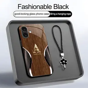 Wood Grain 26 lette & Carbon Fiber Art Glass phone Case, Suitable for [iPhone 16 Plus] high-end women's, Lanyard a beautiful four-leaf clover lanyard is included🍀 952