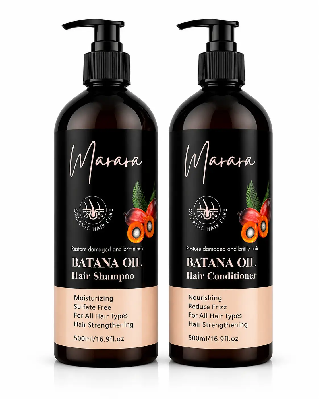 MARARA Batana Oil Shampoo and Conditioner 500ML - Sulfate Free, Shea Butter, Keratin for Restoring Moisture and Nourishing Damaged Hair