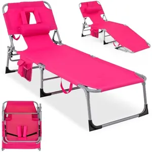 Tanning Chair with Face Hole, 5-Position Adjustable Backrest, Pillow & Side Pocket, Foldable Chaise Lounge Chair Outdoor for Sunbathing, Camping (1, Pink)