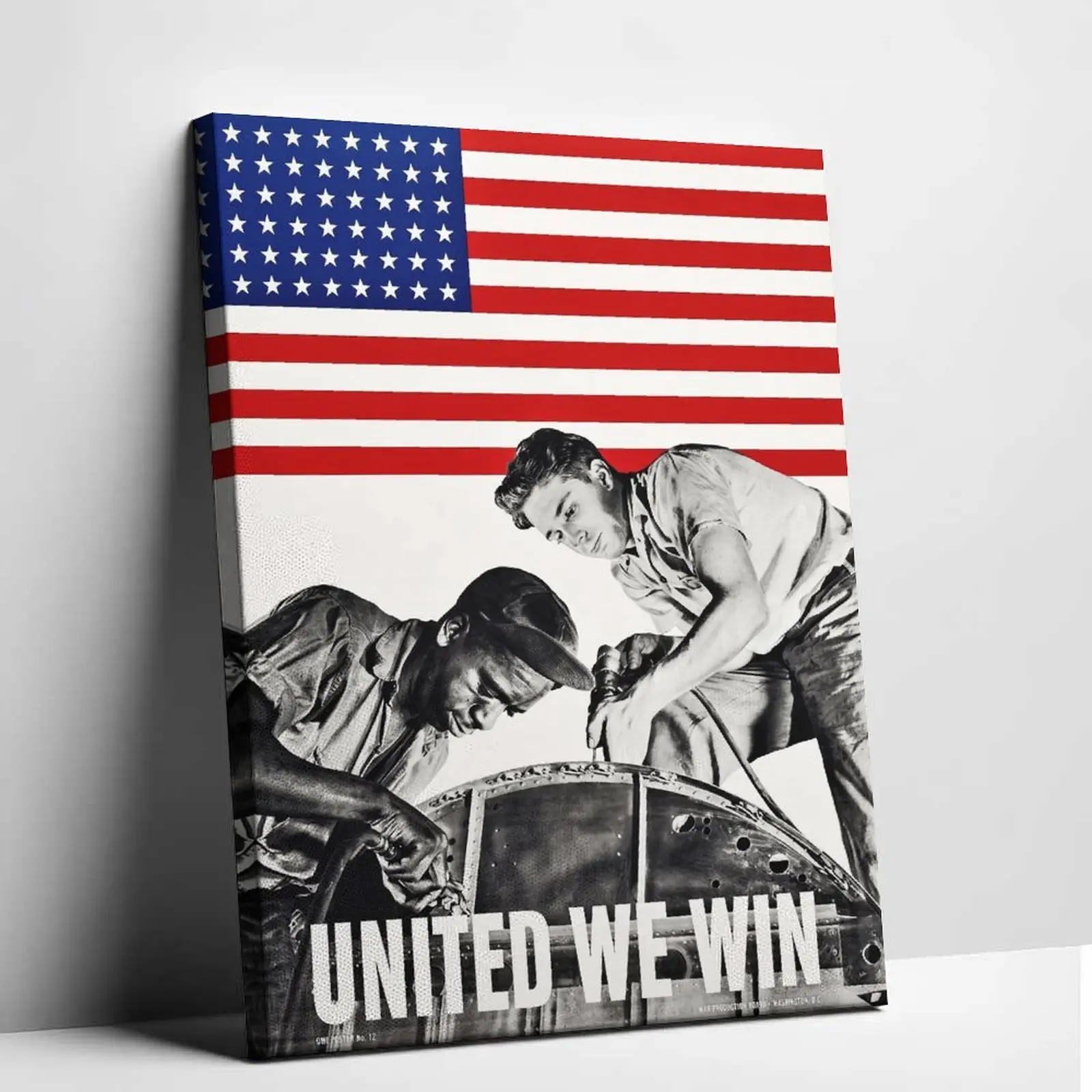 National Unity UnitedWe Win Vintage-Style WWII Canvas Wall Art Print, American Flag & Industrial Workers Poster, Patriotic Decoration for Office Man Cave, Artistic
