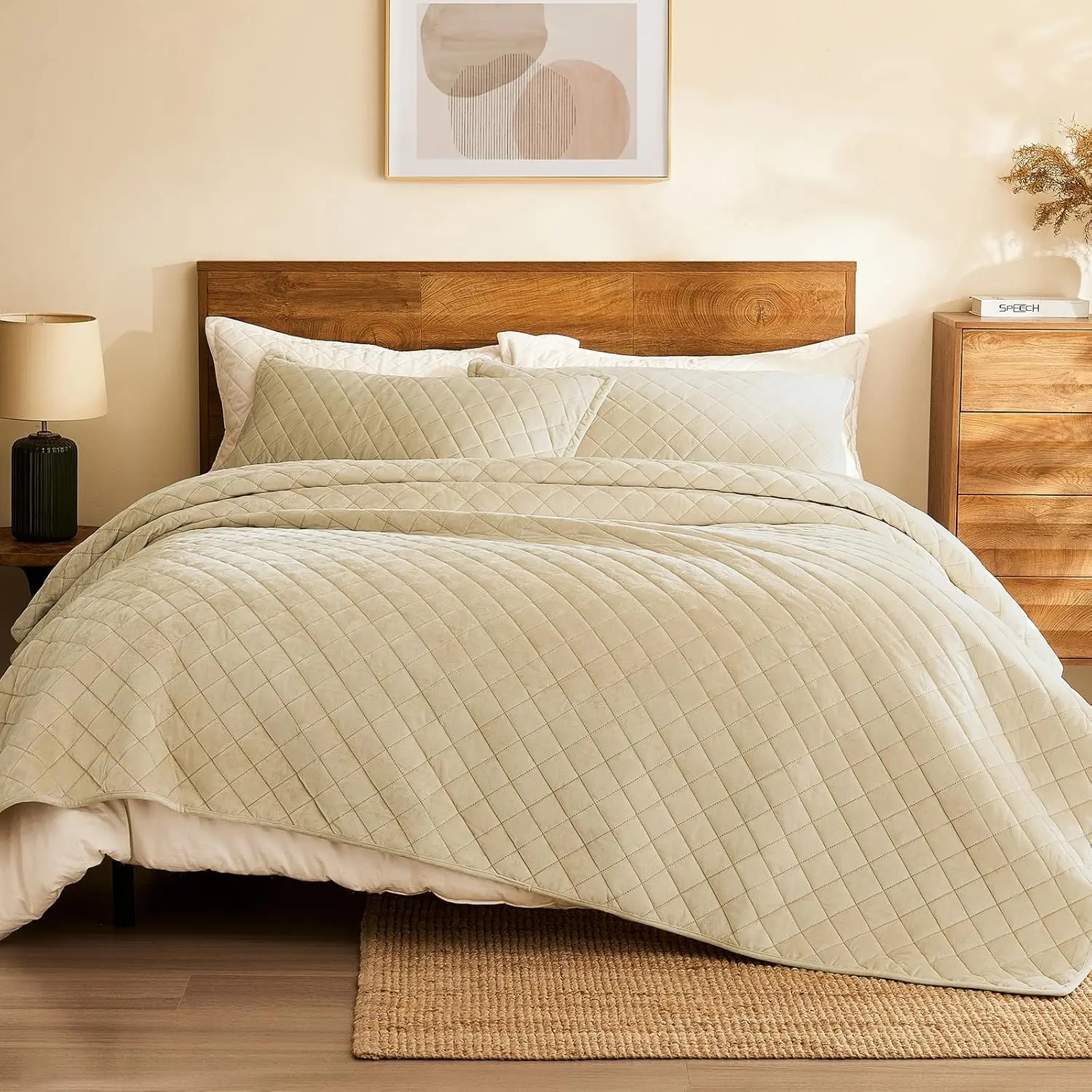Velvet Queen Size: 3-Piece Reversible Luxury Velvet Bedding Comforter Set - Lightweight Oversized Quilted Bedspread Coverlet with 2 Pillow Sham for All Season - Light
