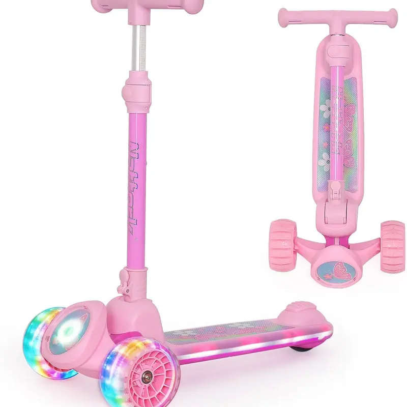 3-Wheel Kids Kick Scooter for Girls Ages 3+, Ride On PU Wheels with ABEC-7 Precision Bearings, Light-Up Deck & Headlight, Wide Non-Slip Deck, Adjustable T-Bar Handle, Rear Braking, 220lbs Max Load for Indoor & Outdoor Use