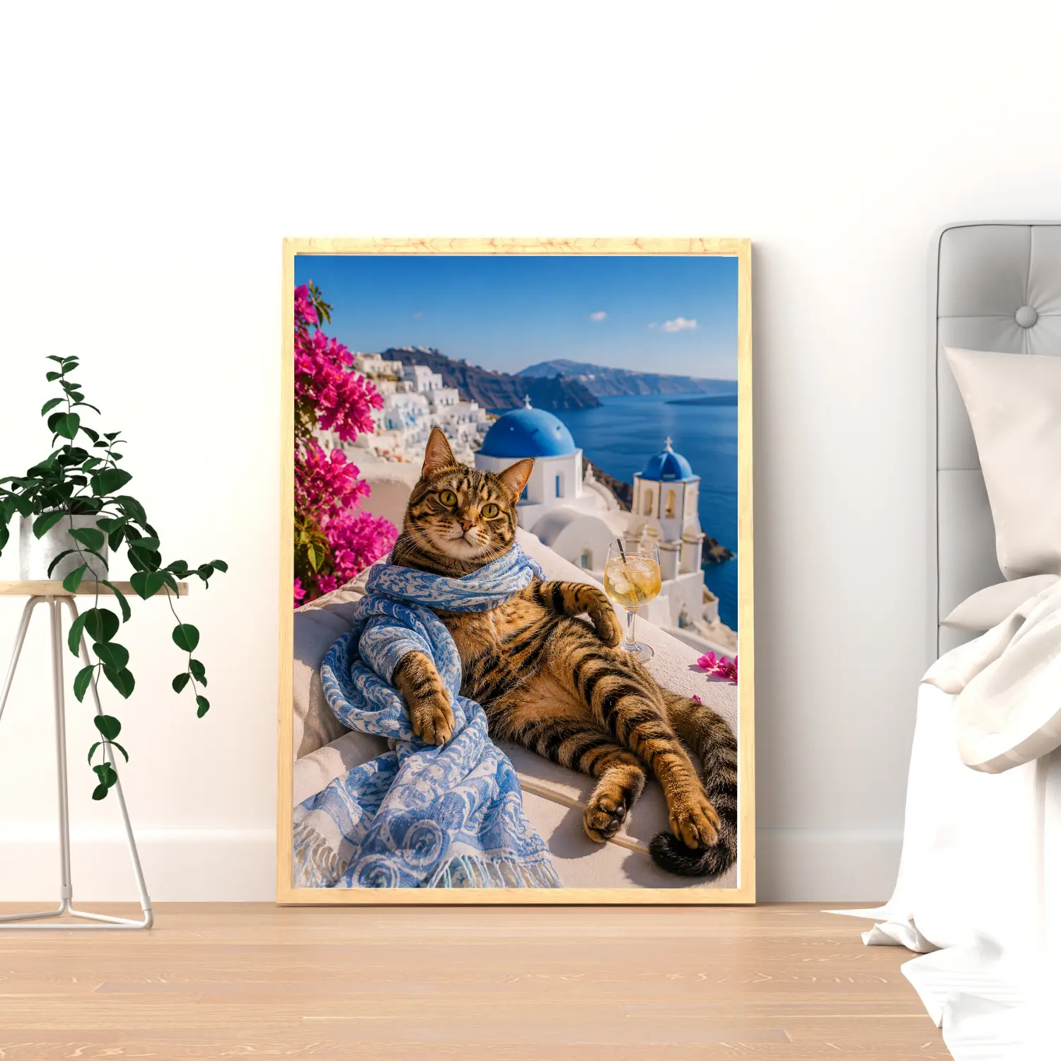 Relaxing Tabby Cat Santorini Poster
