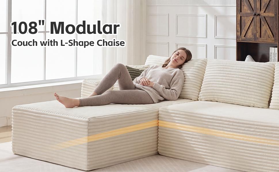 AnyGod 108" Boneless Couch for Living Room Modular Sectional Sofa with Oversized Chaise L-Shape Cloud Couch Deep Seat High-Density Memory Foam No Assembly Plush Corduroy White