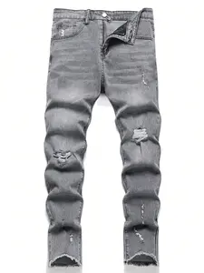 Men's Casual Stretch Denim Jeans, Ankle Length Mid Waist, Button Fly, Pocket, Plain Pattern, Comfortable Fabric, All Seasons Wear, Streetwear