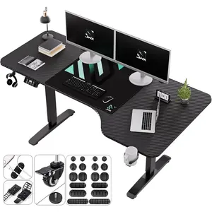Standing Adjustable Desk, 63 inches L Shaped Electric Standing Gaming Desk with Locking Wheels, Cup Holder, Headphone Hook, Cable Manager, Mouse pad, Carbon Fiber Textured Pane