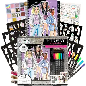 Runway Graphic Journaling Set, Basic Fashion Design Activity Journal for Beginners with Markers, Stencils, Stickers & Sketch Pad, Kids 8+