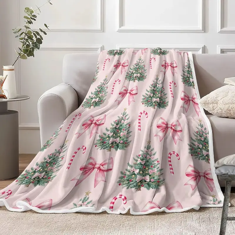 Whimsical Pink Christmas Print Throw Blanket with Christmas Trees Candy Canes Bows Soft Warm Plush Flannel Blanket for Bedrooms Playful Decorative Cozy Winter Blankets