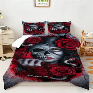 2/3Pcs Gothic Skull Print Comforter Set — Snake & Red Rose Pattern Bedding Set. Featuring A Quilted Design, This Set Is Perfect for Halloween Decor or Horror Enthusiasts. An All-Season Quilt (Pillow Inserts Not Included).