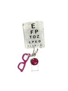Eye Chart Badge Reel Pink 2”, Retractable Swivel Alligator Clip with Pink Glasses Charm Stylish Functional Accessory for ID Badges