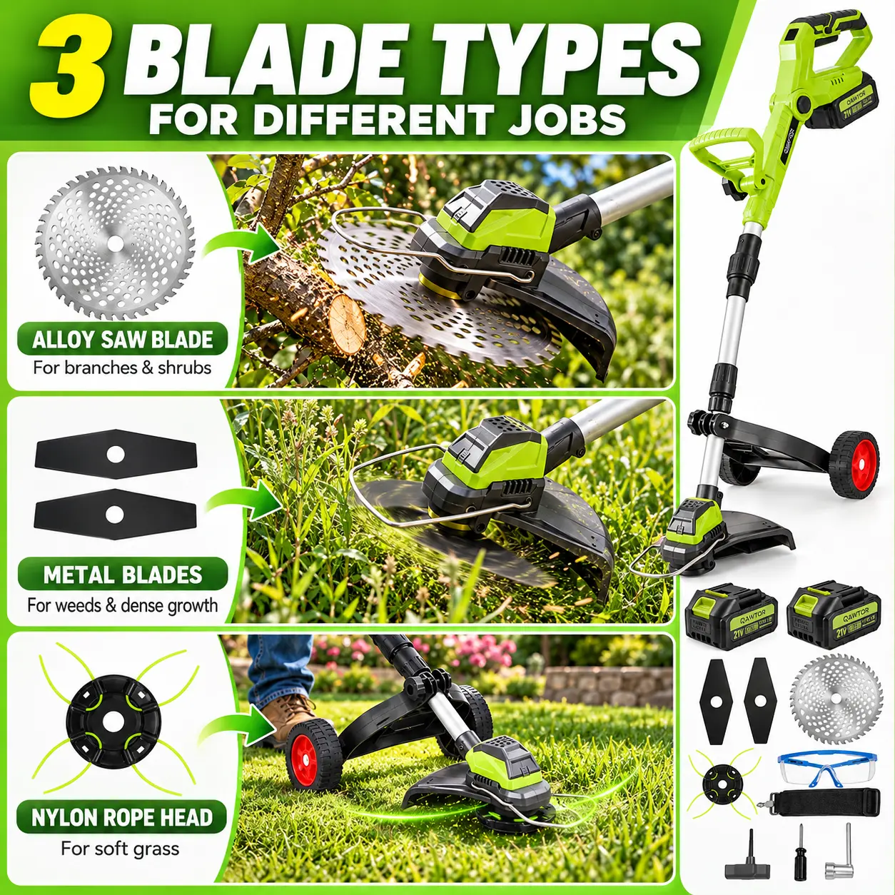 QAWTOR 21V Cordless Weed Wacker, Brushless Electric String Trimmer with 2 Batteries, Adjustable Pole, Wheeled Lawn Edger for Yard and Garden