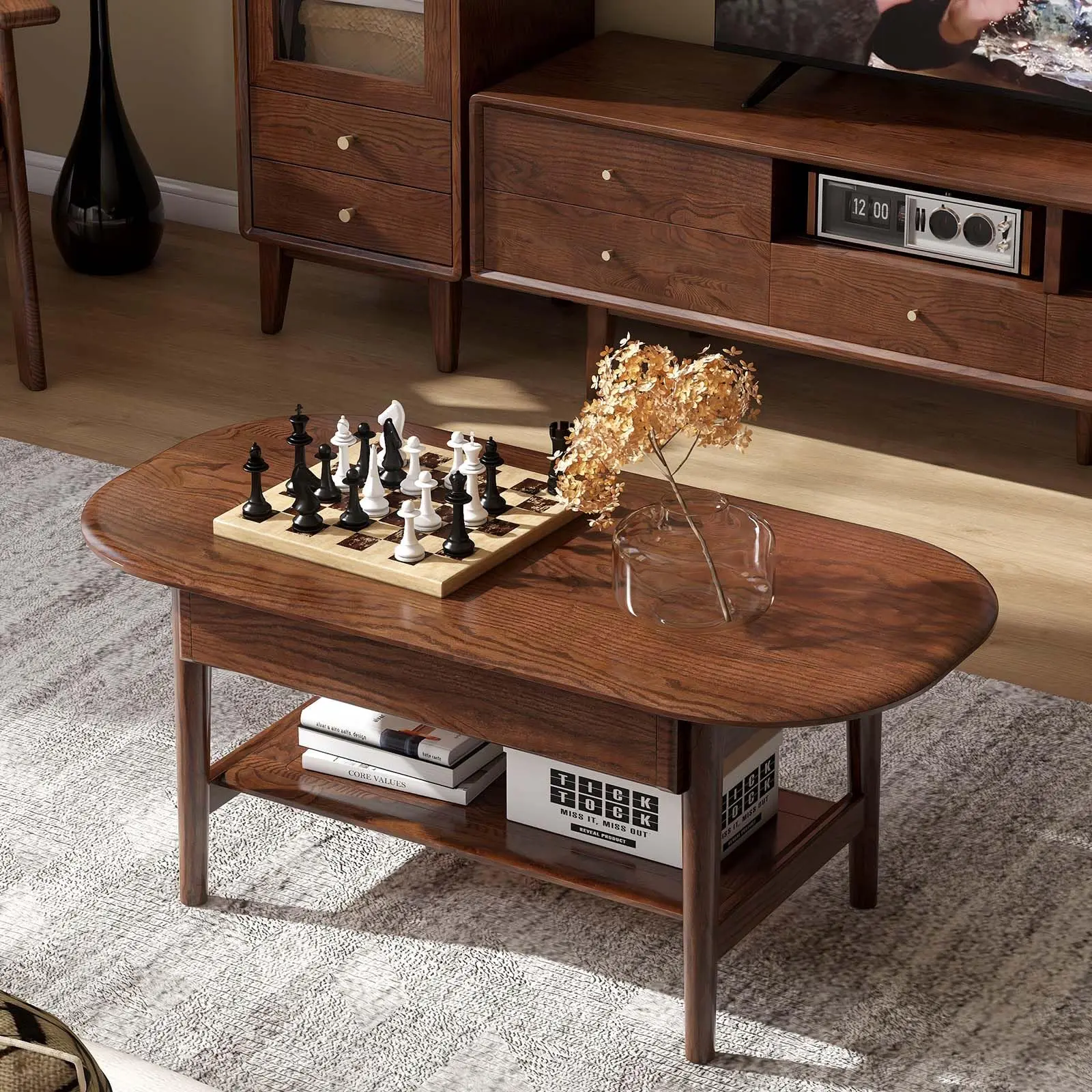 Wayshome 100% Solid Oak Wood Coffee Table for Living Room, 2-Tier Mid Century Modern Living Room Table with 2 Drawers & Open Shelf, Coffee Table with Rounded Corner for Home 39.37'' W/47.24'' W