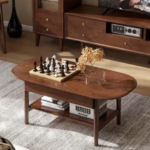 Wayshome 100% Solid Oak Wood Coffee Table for Living Room, 2-Tier Mid Century Modern Living Room Table with 2 Drawers & Open Shelf, Coffee Table with Rounded Corner for Home 39.37'' W/47.24'' W