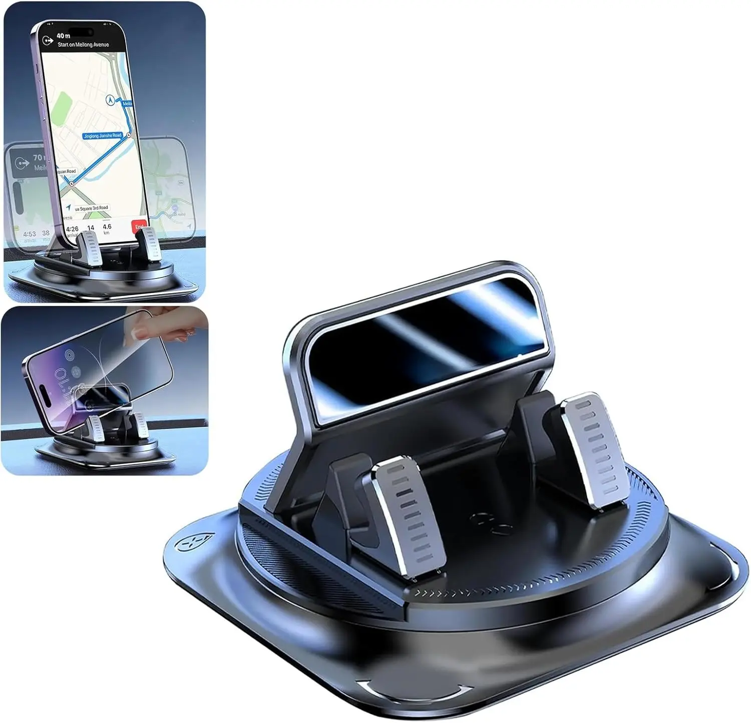 Dashboard Navigation Bracket & 360-Degree Rotation Automotive Phone Holder & Universal Self-Adhesive Non-Slip Car Phone Mount for Most Cars (Black) — Fits Phones 4.7–7.2 in, Base: 3.15″ × 3.15″, Height Adjustable: 4.3–6.7 in