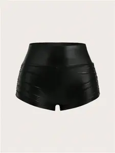 Elegant Leather Shorts, Womenswear, Trendy Folded Design, All-Season Wear, Slim Fit Casual Chic Style, Perfect for Daily