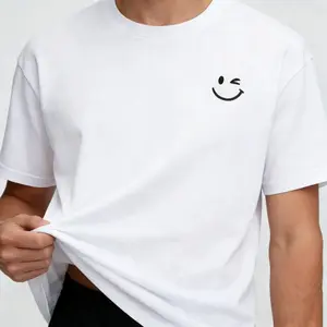MONO LABEL [100% Cotton] Men's Round Neck Pure 180gms Cotton Happy Face Printed T-Shirt for Casual Sports Gift Short-Sleeved Shirt Operator Wetsuit Tropical Streetwear Crewneck Menswear Top Tshirt Unisex Vintage Graphic Cotton Tee