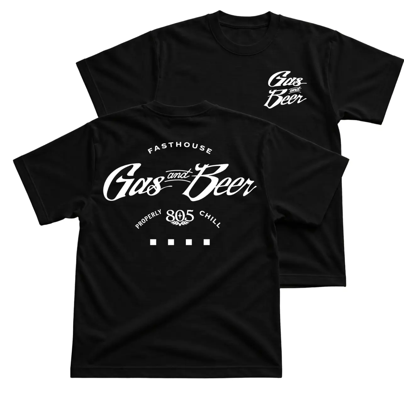 805 Gas And Beer FastHouse T-Shirt, Garage Lifestyle Graphic Tee With Properly Chill Back Print, Front Chest Gas And Beer Logo Shirt, Moto Road Trip Casual Outfit, Retro Auto Streetwear Gift for Men and Women
