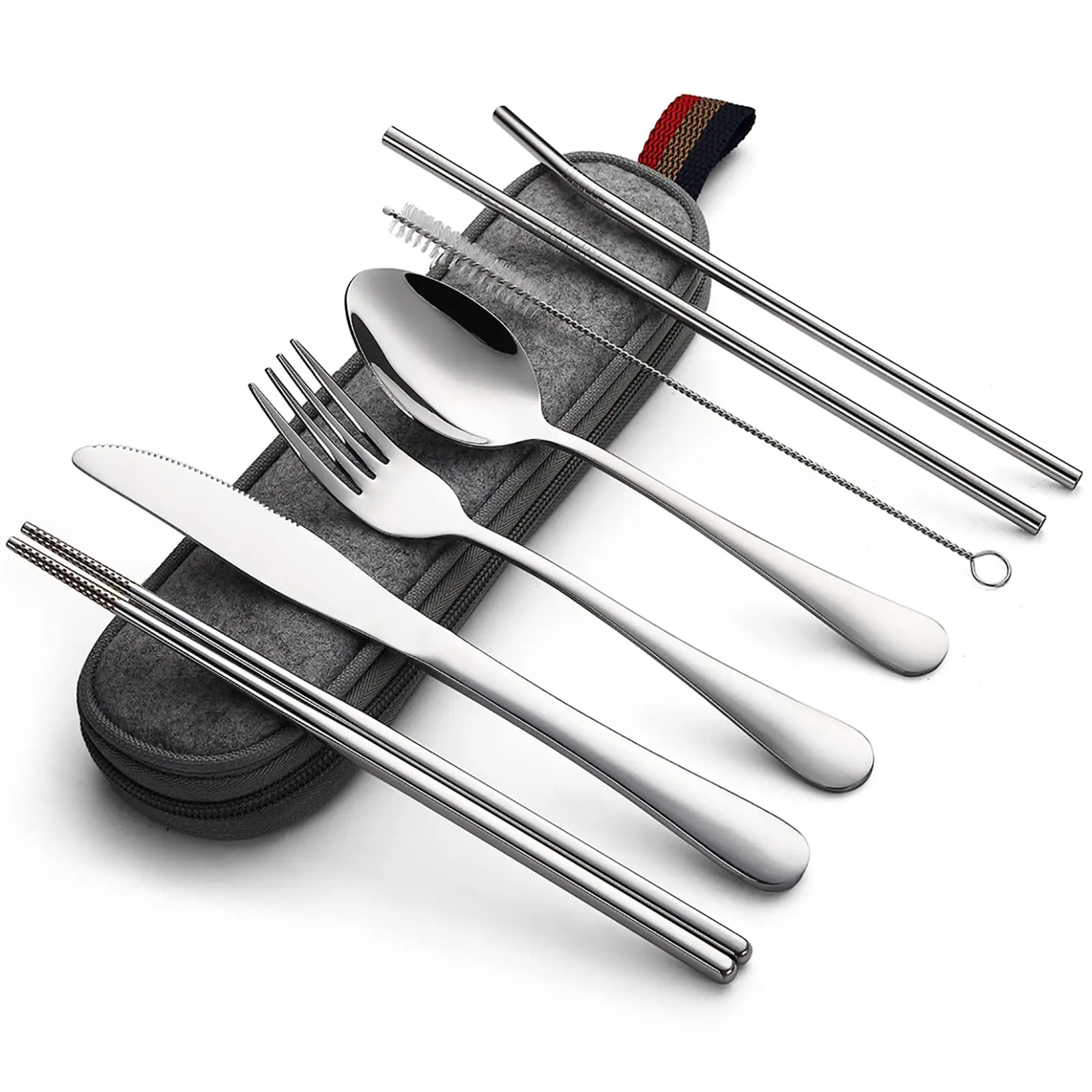 Portable Utensils, Travel Camping Cutlery Set, 8-Piece including Knife Fork Spoon Chopsticks Cleaning Brush Straws Portable Case, Stainless Steel Flatware set