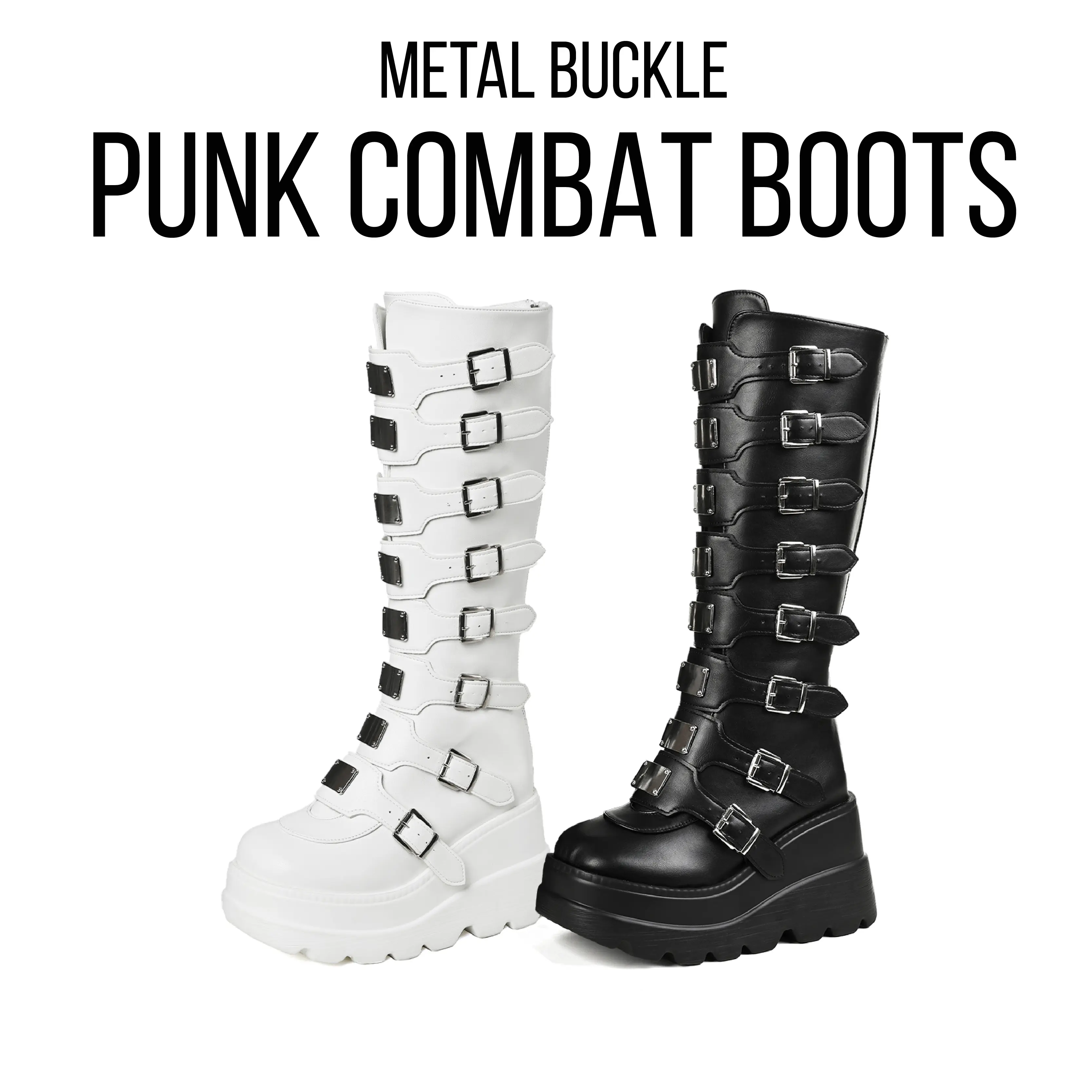 CYNLLIO  Womens Platform Knee High Boots Round Toe High Heel Gothic Boot Zipper Wedge Metal Buckle Punk Combat Spring Boots