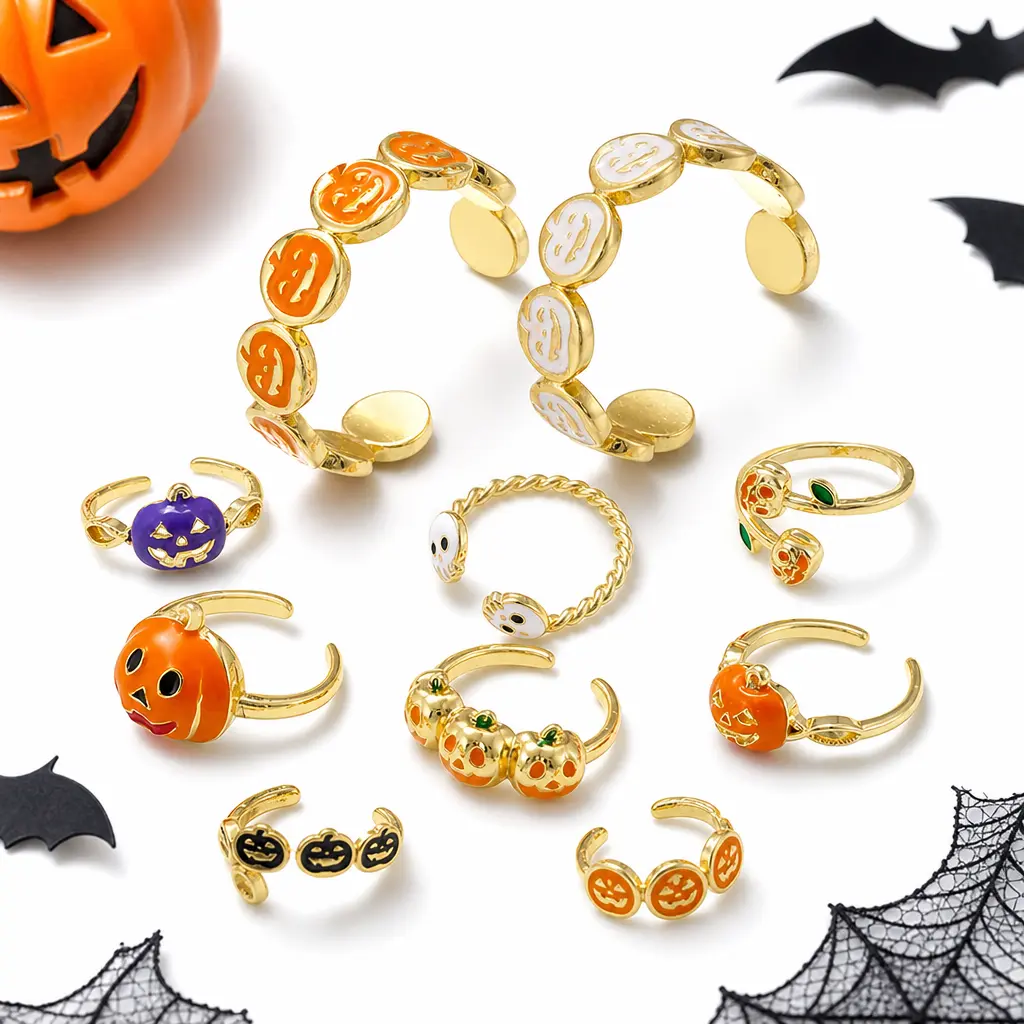 Halloween Pumpkin & Ghost Copper Rings for Women, Gold-Tone Spooky Season Fashion Rings, Multiple Cute Fall Novelty Designs