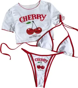Women's 3 Piece Cherry Swimsuits Y2k Triangle Halter Thong Bikini Set with Cover Up