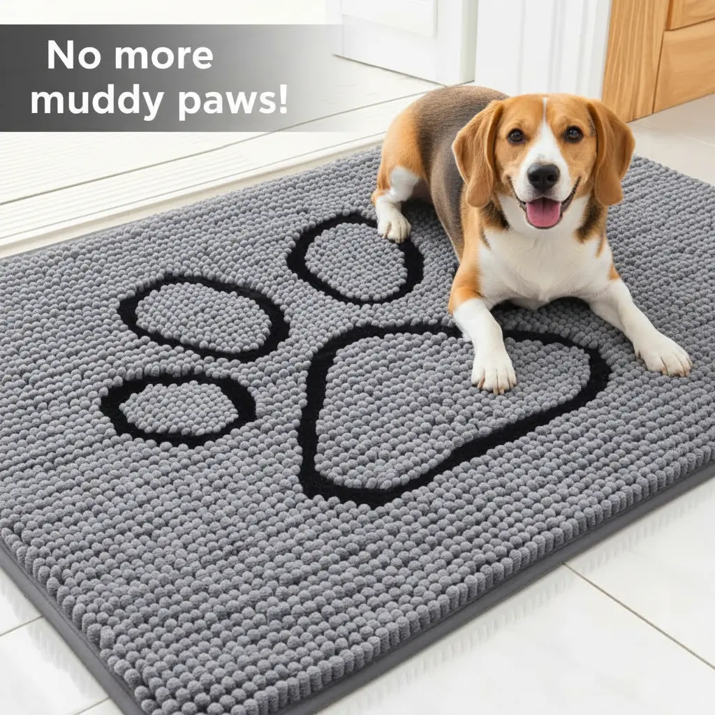 Low Profile Chenille Fiber Dog Door Mat - Durable, Soft, Absorbent Dirt Trapper, Non-Slip Rubber Backing, Quick Dry, Machine Washable Entry Puzzle Floor Mat (30x20 in, Grey and Black) for Muddy Paws Indoor/Outdoor Use