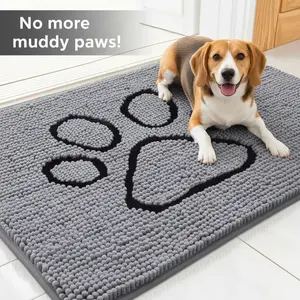 Dog Door Mat for Muddy Paws, Absorbent Dirt Trapper Non Slip Quick Dry Washable Chenille Mat for Mud Dogs, Entry Rug for Indoor and Outdoor (30x20 Inches, Grey and Black)