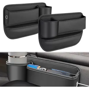 Car Seat Gap Filler Organizer with Cup Holder, 2 Pack Adjustable Leather Car Side Seat Storage Box, Multifunction Interior Storage Organizer for Phones Keys Sunglasses Cards, Black