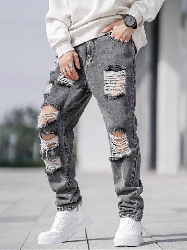 Men's Solid Color Distressed Ripped Jeans, Street Fashion Casual Comfy Grey Denim Pants for Daily Wear, Mens Bottoms for All Seasons, Cotton, Slouchy Jeans