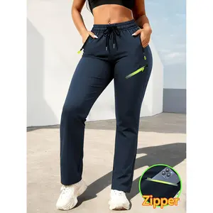 Women's Full Length Solid Color Athletic Pants: Equipped with Multi Pocket Design, Crafted from Elastic Free Non Stretch Fabric – Suitable for Gym, Yoga, Spring/Summer Training Activities and Casual Occasions