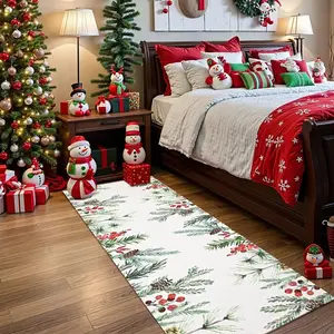 Christmas Velvet Rug with Festive Elements, Washable Long Runner for Hallway, Bedroom Living Room Office Decor, Available in Various Sizes