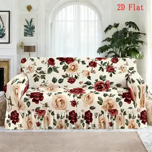 1pc Sofa Cover, Decorative Sofa Cover, Living Room Pastoral Style Retro Red Rose Floral Printed Skirt Sofa Cover, Stretch Full Wrap Sofa Slipcover, Removable & Washable Sofa Protector, Skirt Style Sofa Cover for Living Room, Home Decoration
