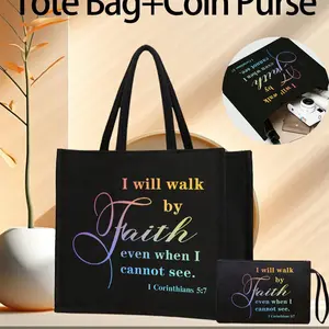 Tote Bag Set With Motivational Letters "I Will Walk By Faith Even When I Cannot See" Printed On It, Casual Tote Bag, Portable Shopping Bag, Makeup Bag, Lightweight Foldable Storage Bag, Simple Shopping Bag