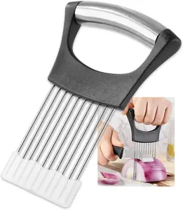Stainless Steel Onion Cutter for Slicing and Storage Onions, Tomato, Eggs and Vegetables, Protective Cover Included, Dishwasher Safe (Black)
