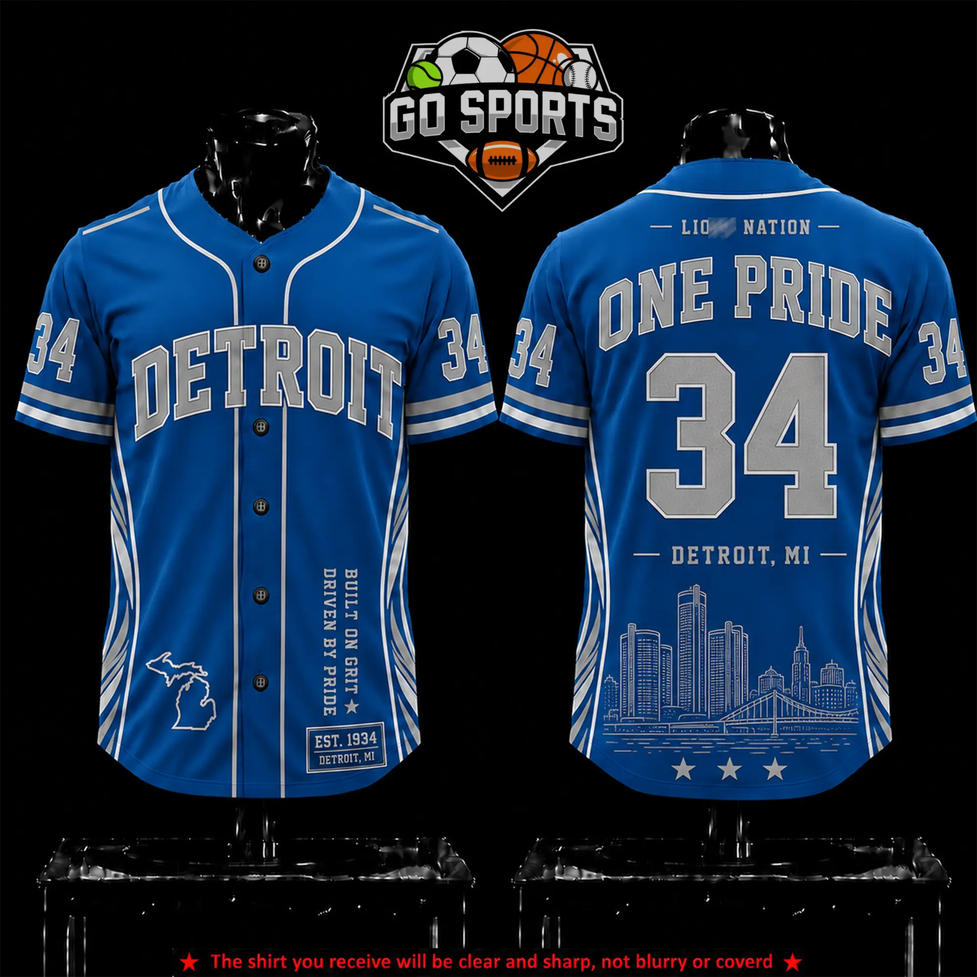 Detroit Football 'OnePride 34 EST' Premium Baseball Jersey, High quality Fabric Breathable Detroit OnePride Football Fan Apparel, Game Day Shirt for Men Women, Gift For Boyfriend, Husband