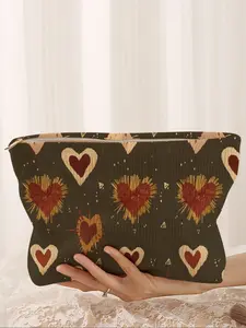 Heart Printed Corduroy Makeup Bag, Cartoon Style, Cute Lightweight Multi-Functional Fashion Casual Cosmetic Pouch, Travel Organizer, Travel Cosmetic Bags