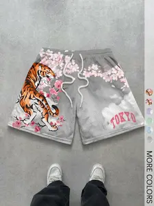 1 Pack Men's Mesh Athletic Shorts Tokyo Street Style Tiger Cherry Blossom Print Breathable for Daily Basketball Workout Casual Wear